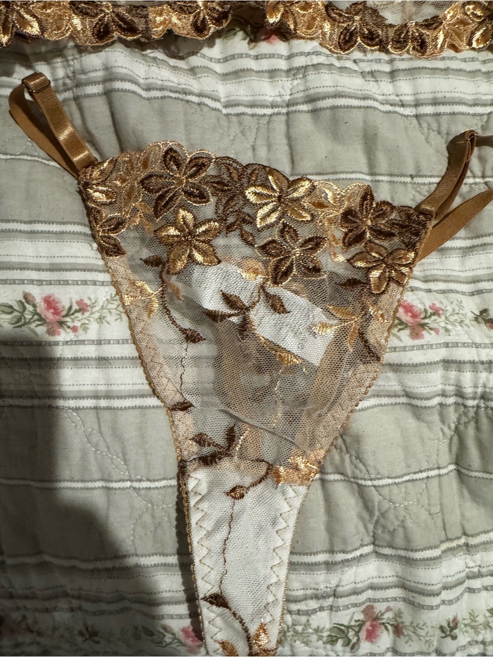 Gold Floral Embroidered Sheer Lace Bra & Thong Set - Women Intimates - Picture 3 of 7